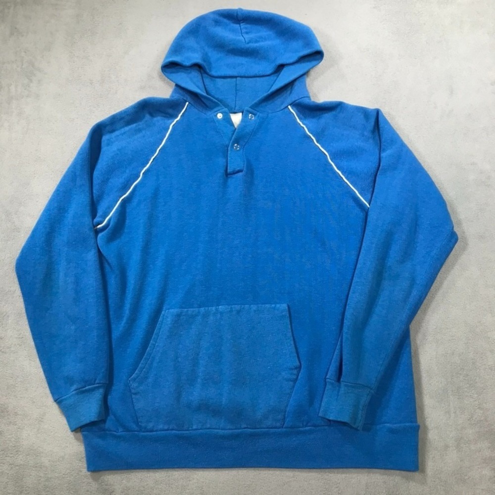 True Vintage 70s Hoodie Sweatshirt Men's XL Blue 1/4 Snap Pullover Raglan Blue *
